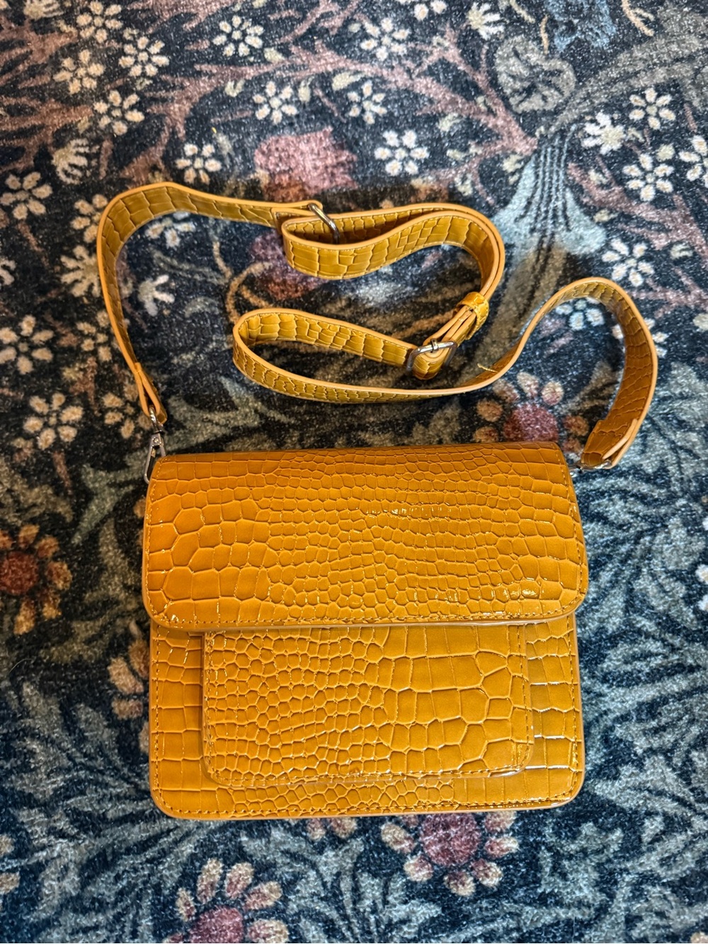 Croc-Embossed Mustard Crossbody Bag with Adjustable Strap